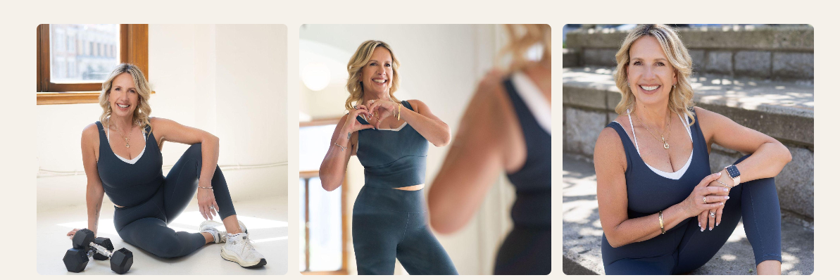 Three portraits of Susan — training, laughing, and resting on outdoor steps
