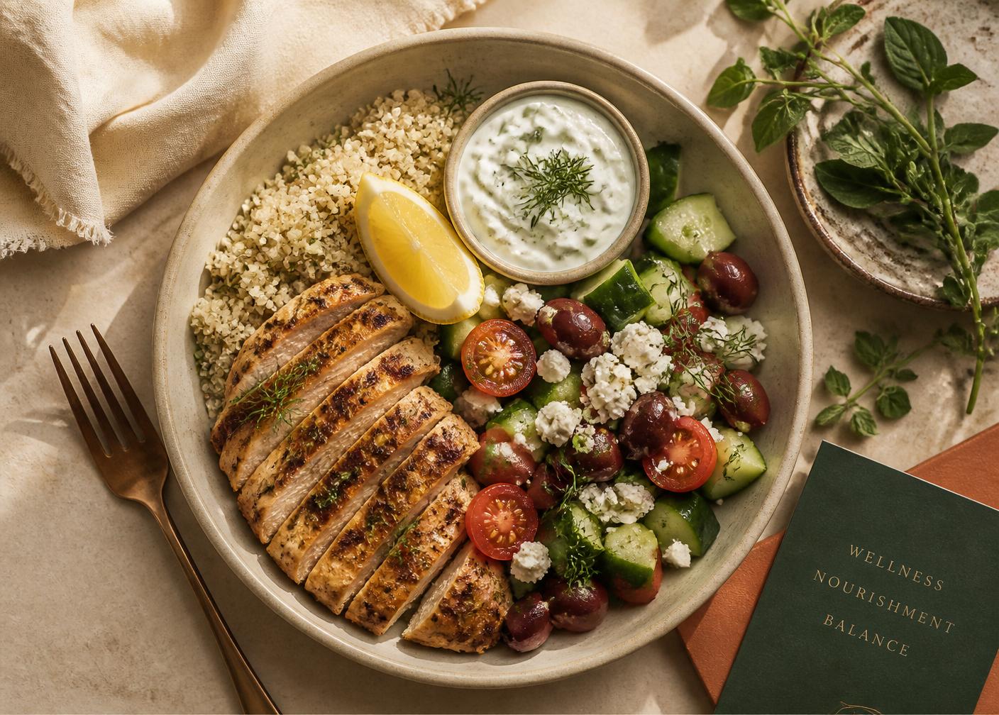 Greek chicken power bowl with quinoa, cucumber, tomato, feta and tzatziki