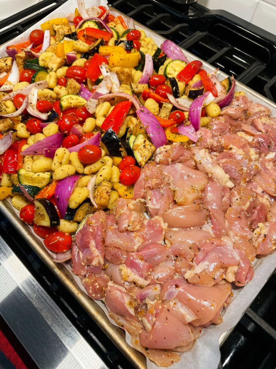 Sheet pan with seasoned chicken thighs on one side and gnocchi with peppers, zucchini, eggplant, red onion and cherry tomatoes on the other
